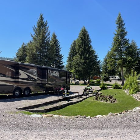 Image of RV parked near tall trees at Nugget RV Park